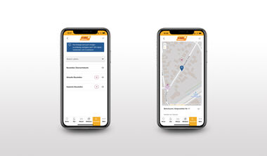 Zwei Screenshots der App e-netz-Report: 1. Übersicht aktueller und geplanter Baustellen und 2. Detailansicht einer Versorgungsunterbrechung in Kartenoptik