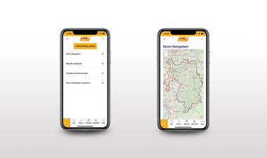 Zwei Screenshots der App e-netz-Report: 1. Übersicht der Sparte Strom und 2. Detailansicht einer Versorgungsunterbrechung in Kartenoptik
