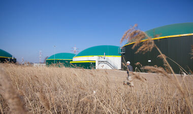 Mann mit Helm läuft an einer Biogasanlage vorbei. Im Vordergrund wiegen Gräser im Wind.