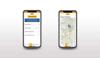 Zwei Screenshots der App e-netz-Report: 1. Übersicht der Sparte Wasser und 2. Kartenansicht der angeschlossenen Kommunen in Kartenoptik