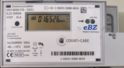 Das Bild zeigt einen Elektronischen Haushalts- bzw. Baustromzähler.