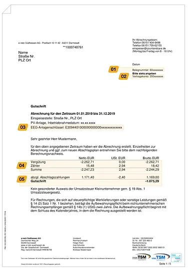 Seite 1 einer Beispielabrechnung einer PV-Anlage unter 10 kW