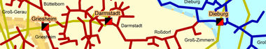 Ausschnitt der Marktgebietskarte des Gasnetzes der e-netz Südhessen