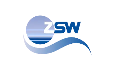 Blaues ZSW-Logo mit einer dynamischen Wellenform, Zentrum für Sonnenenergie- und Wasserstoff-Forschung in Baden-Württemberg.