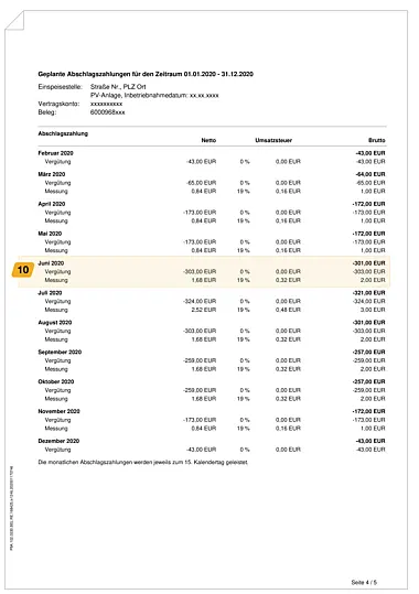 Seite 4 einer Beispielabrechnung einer PV-Anlage unter 10 kW