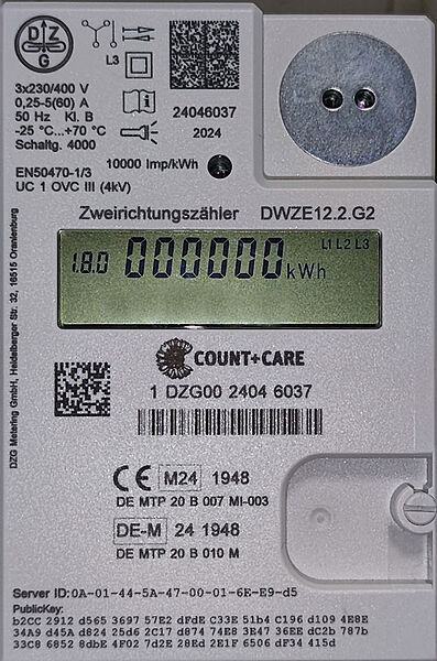 Das Bild zeigt einen Elektronischer Haushaltszähler bzw. eine moderne Messeinrichtung.