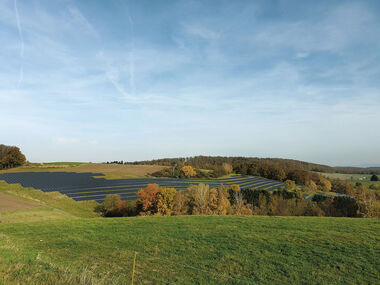 Solarmodul-Anlage in hügeliger Landschaft mit herbstlichem Laubwald.