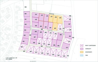 Grundriss zeigt die Aufteilung des Reservierungsplans für das Baugebiet Schaafheim-Mosbach "Am Mischborn".