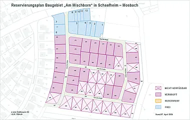 Grundriss zeigt die Aufteilung des Reservierungsplans für das Baugebiet Schaafheim-Mosbach "Am Mischborn".