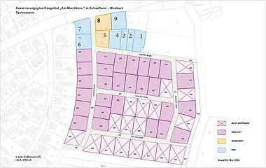 Grundriss zeigt die Aufteilung des Reservierungsplans für das Baugebiet Schaafheim-Mosbach "Am Mischborn".