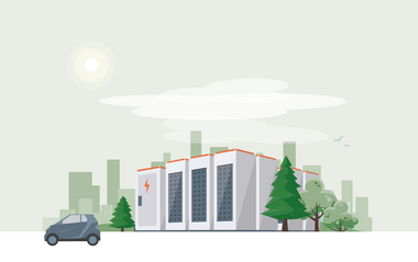 Die Grafik zeigt eine moderne Stadtlandschaft mit Elektroauto und Gebäuden mit Solaranlage.