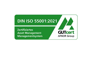 Das Bild zeigt die Zertifizierung DIN ISO 55001:2021 und GUTcert AFNOR Group.