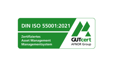 Das Bild zeigt die Zertifizierung DIN ISO 55001:2021 und GUTcert AFNOR Group.