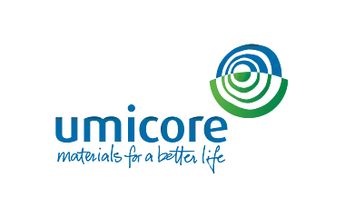 Umicore-Logo mit dem Slogan „Materials for a better life“, Materialtechnologie- und Recyclingkonzern