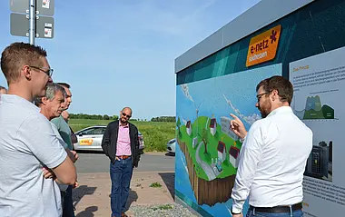 Eine Gruppe diskutiert vor einer Informationstafel über erneuerbare Energien im Freien.