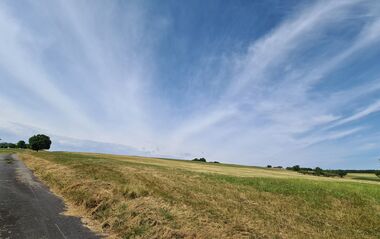 Hügelige Landschaft mit gemähtem Feld und asphaltiertem Weg.