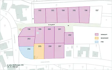 Grundriss zeigt die Aufteilung des Reservierungsplans für das Baugebiet Modautal-Brandau "Schafwiesen".