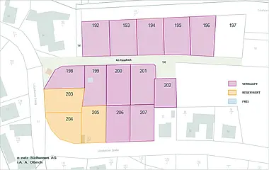 Grundriss zeigt die Aufteilung des Reservierungsplans für das Baugebiet Modautal-Brandau "Schafwiesen".