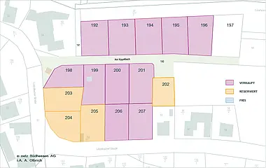 Grundriss zeigt die Aufteilung des Reservierungsplans für das Baugebiet Modautal-Brandau "Schafwiesen".