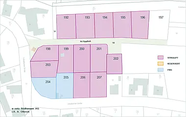 Grundriss zeigt die Aufteilung des Reservierungsplans für das Baugebiet Modautal-Brandau "Schafwiesen".