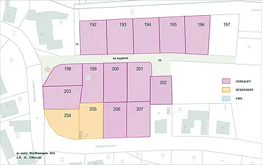 Grundriss zeigt die Aufteilung des Reservierungsplans für das Baugebiet Modautal-Brandau "Schafwiesen".
