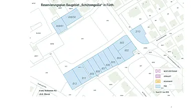 Grundriss eines Grundstücks mit eingezeichneten Bauflächen und Beschriftungen.
