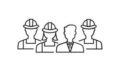 Illustration von vier Mitarbeitenden: Ein Mitarbeiter im Anzug, eine Mitarbeiterin und zwei Mitarbeiter mit Helm und Blaumann.