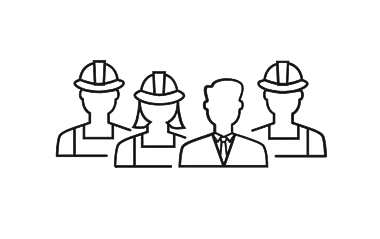 Illustration von vier Mitarbeitenden: Ein Mitarbeiter im Anzug, eine Mitarbeiterin und zwei Mitarbeiter mit Helm und Blaumann.