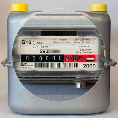 Gaszähler G16 mit vergrößertem Bildausschnitt der Anzeige