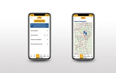 Zwei Screenshots der App e-netz-Report: 1. Übersicht der Sparte Wasser und 2. Kartenansicht der angeschlossenen Kommunen in Kartenoptik